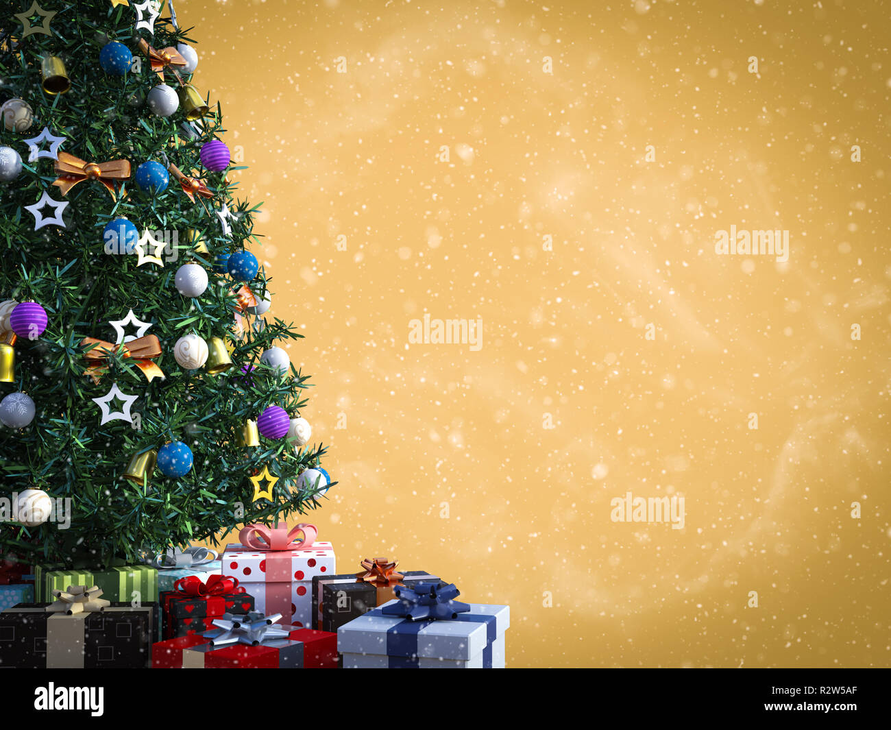 3D rendering of a decorated Christmas tree with lots of presents under