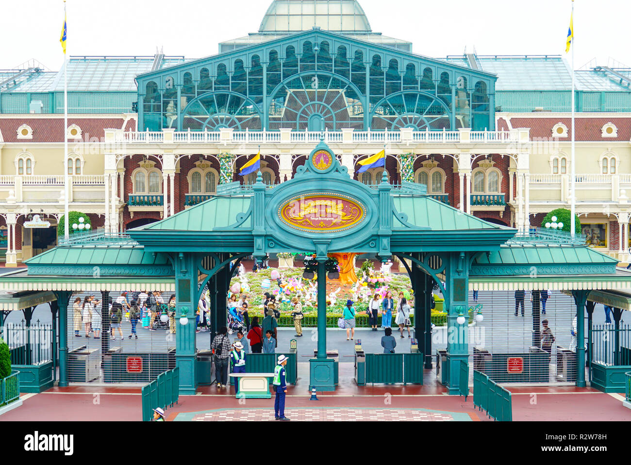 Tourists entering Tokyo Disneyland at main entrance of Tokyo Disney Resort in Urayasu, Chiba prefecture, Tokyo, Japan Stock Photo
