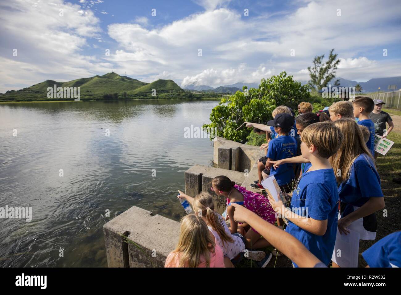 Students with Mokapu Elementary School take a tour of the Nu’ Upia Ponds during a field trip, Marine Corps Base Hawaii, Nov. 14, 2018. The base’s Environmental Department partnered with the school to host a cultural learning field trip to teach students the significance of the ponds and the Hawaiian culture. Stock Photo
