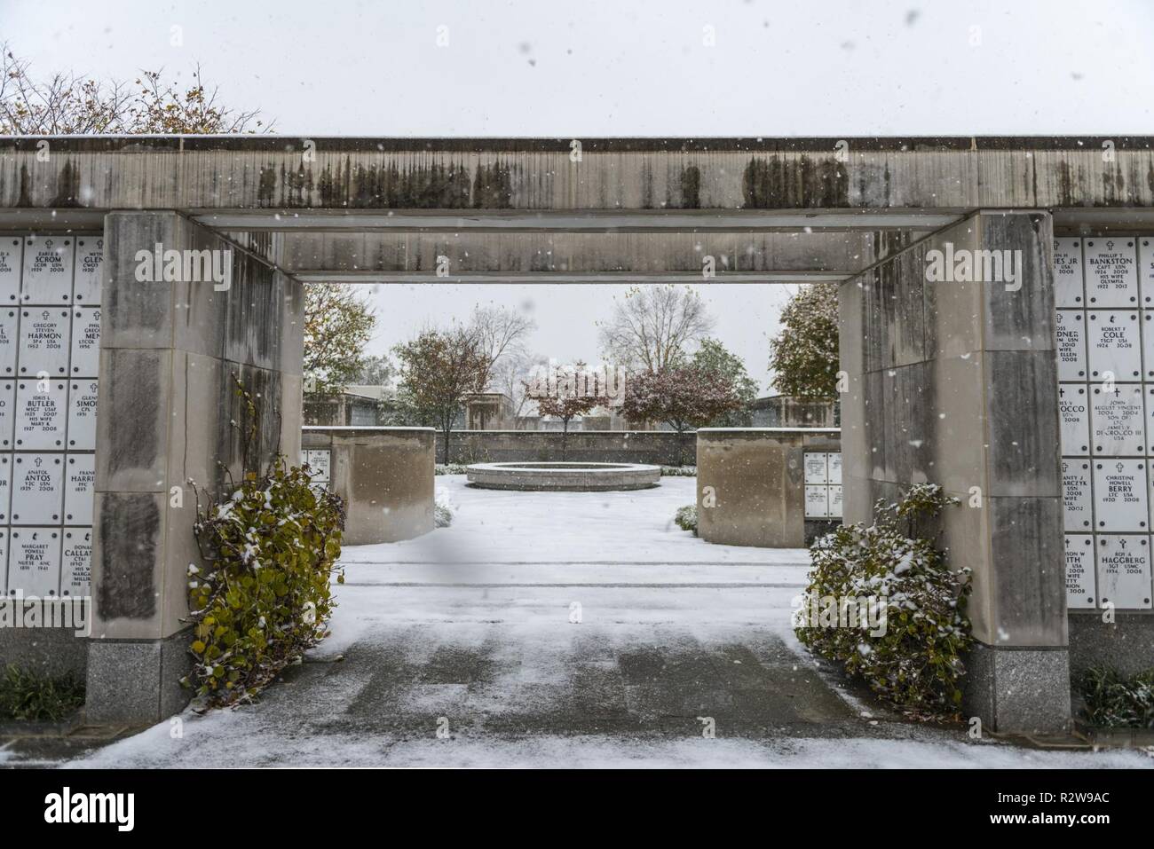 The first snow fall of the season in Columbarium Court 7 at Arlington National Cemetery, Arlington, Virginia, Nov. 15, 2018. Stock Photo