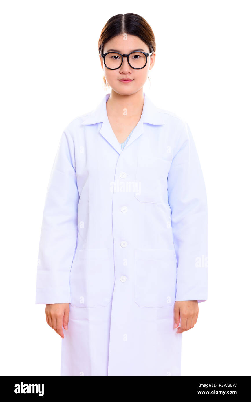 Studio shot of young beautiful Asian woman doctor standing with Stock ...