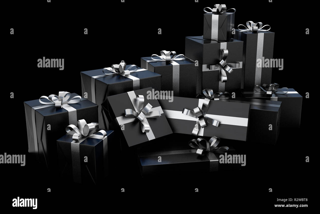 A scattered collection of various sized gift boxes wrapped in a shiny black  paper and a silver ribbon and bow on an isolated dark studio background  Stock Photo - Alamy