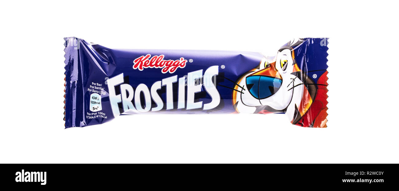 SWINDON, UK - NOVEMBER 18 2018: Kelloggs Frosties cereal bar on white background Stock Photo