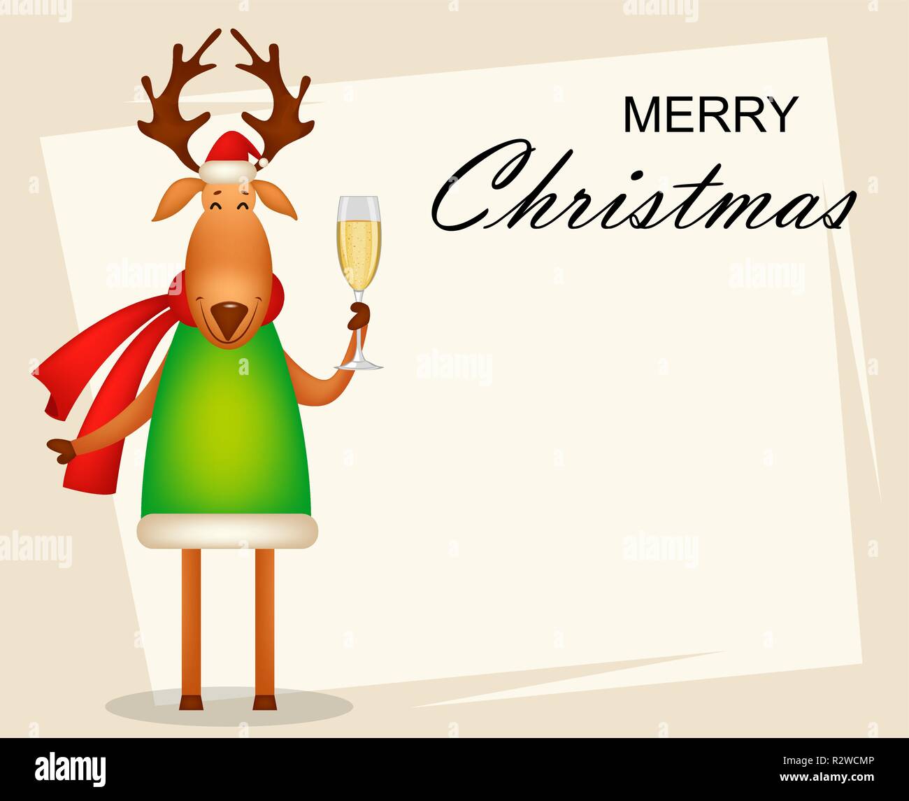 Christmas greeting card. Funny deer wearing Santa Claus hat and red ...