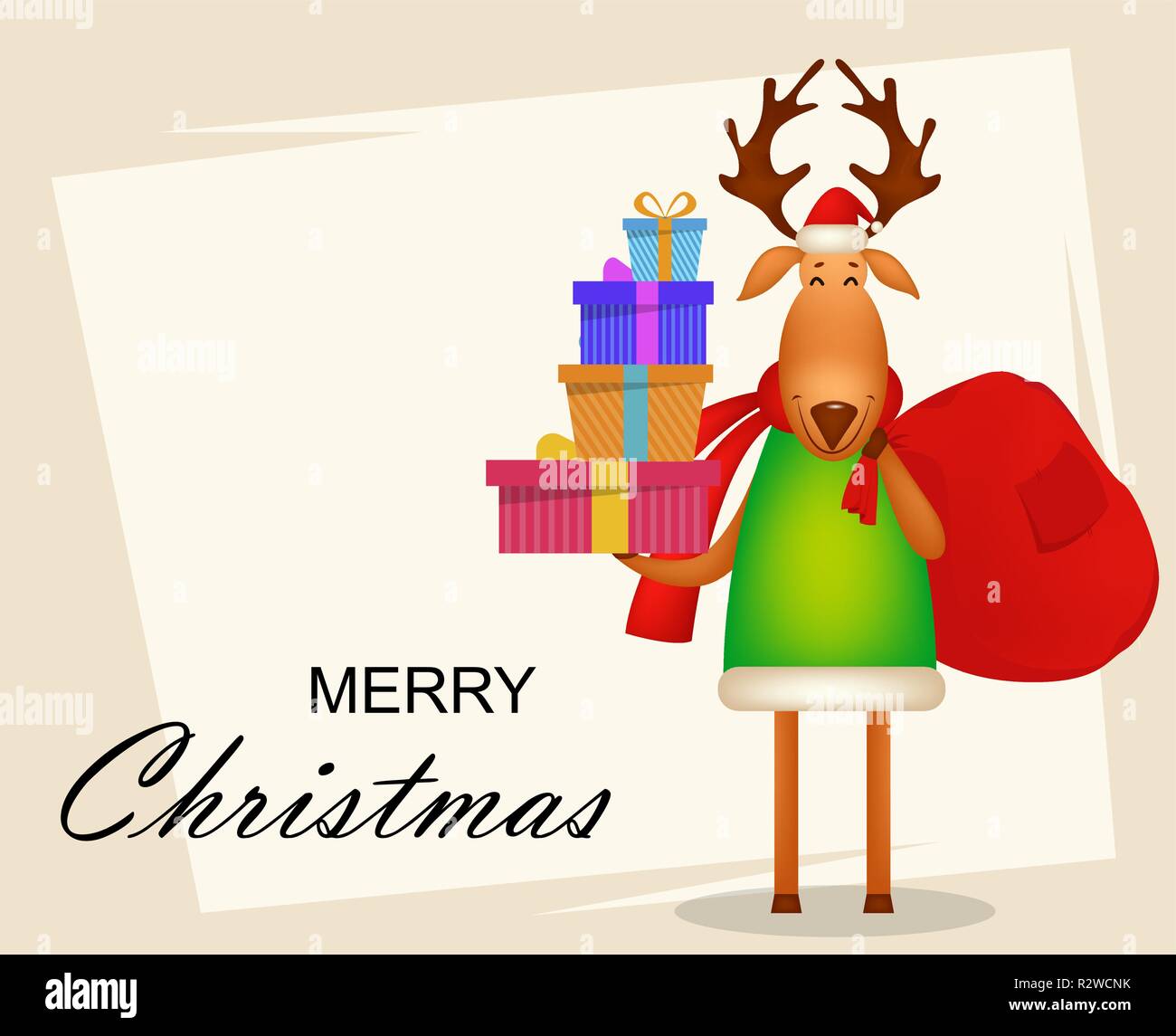 Christmas greeting card. Funny deer wearing Santa Claus hat and red ...