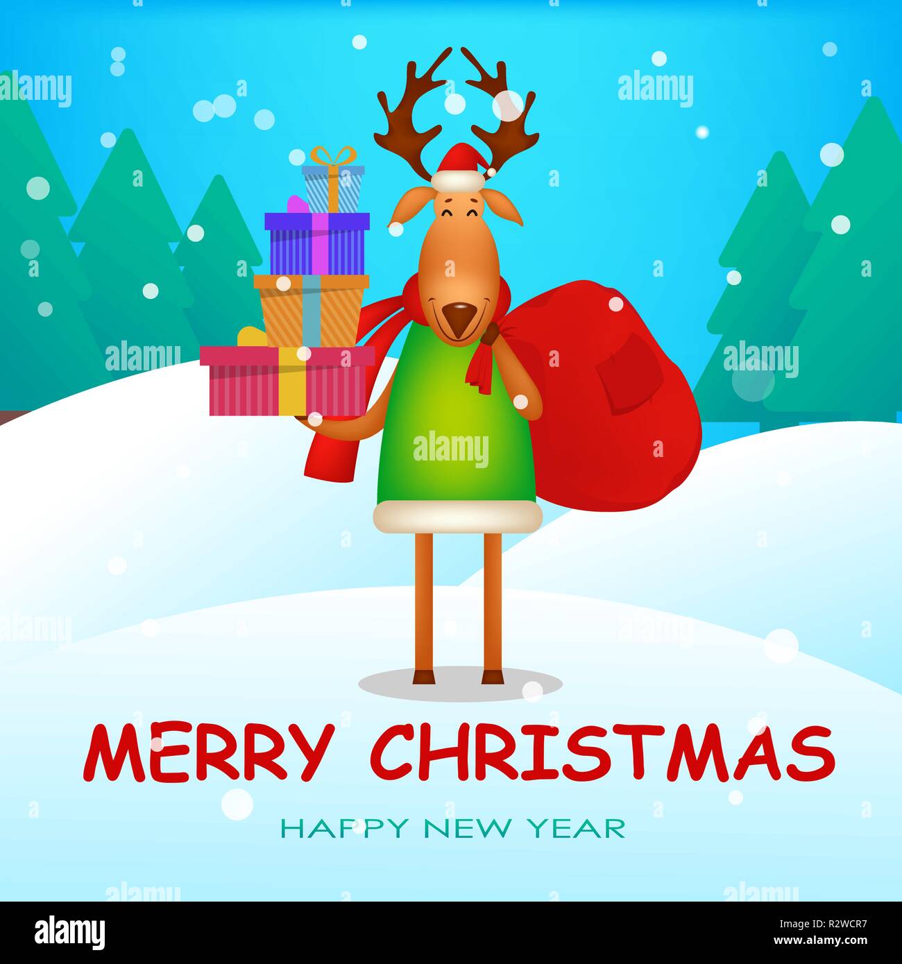 Christmas greeting card. Funny deer wearing Santa Claus hat and red ...