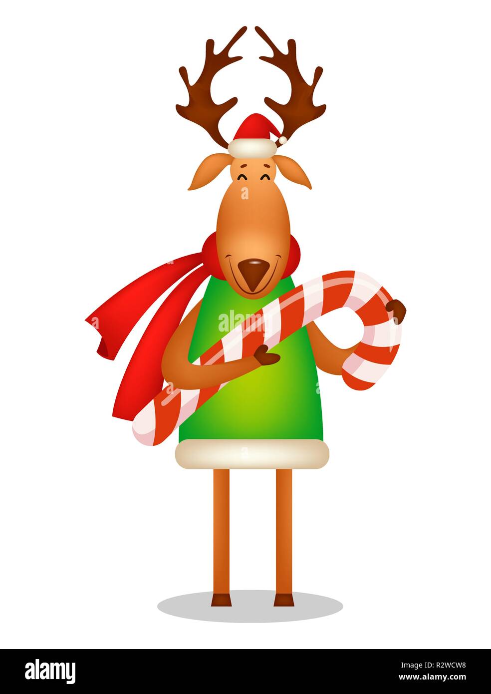 Christmas greeting card. Funny deer wearing Santa Claus hat and red ...