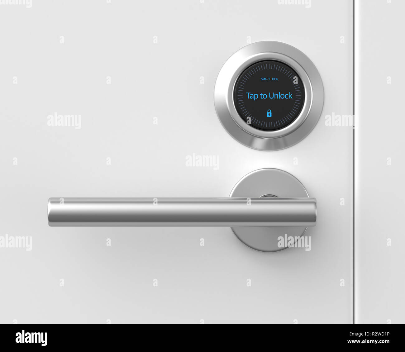 3d rendered locked smart lock on a white front door. Stock Photo