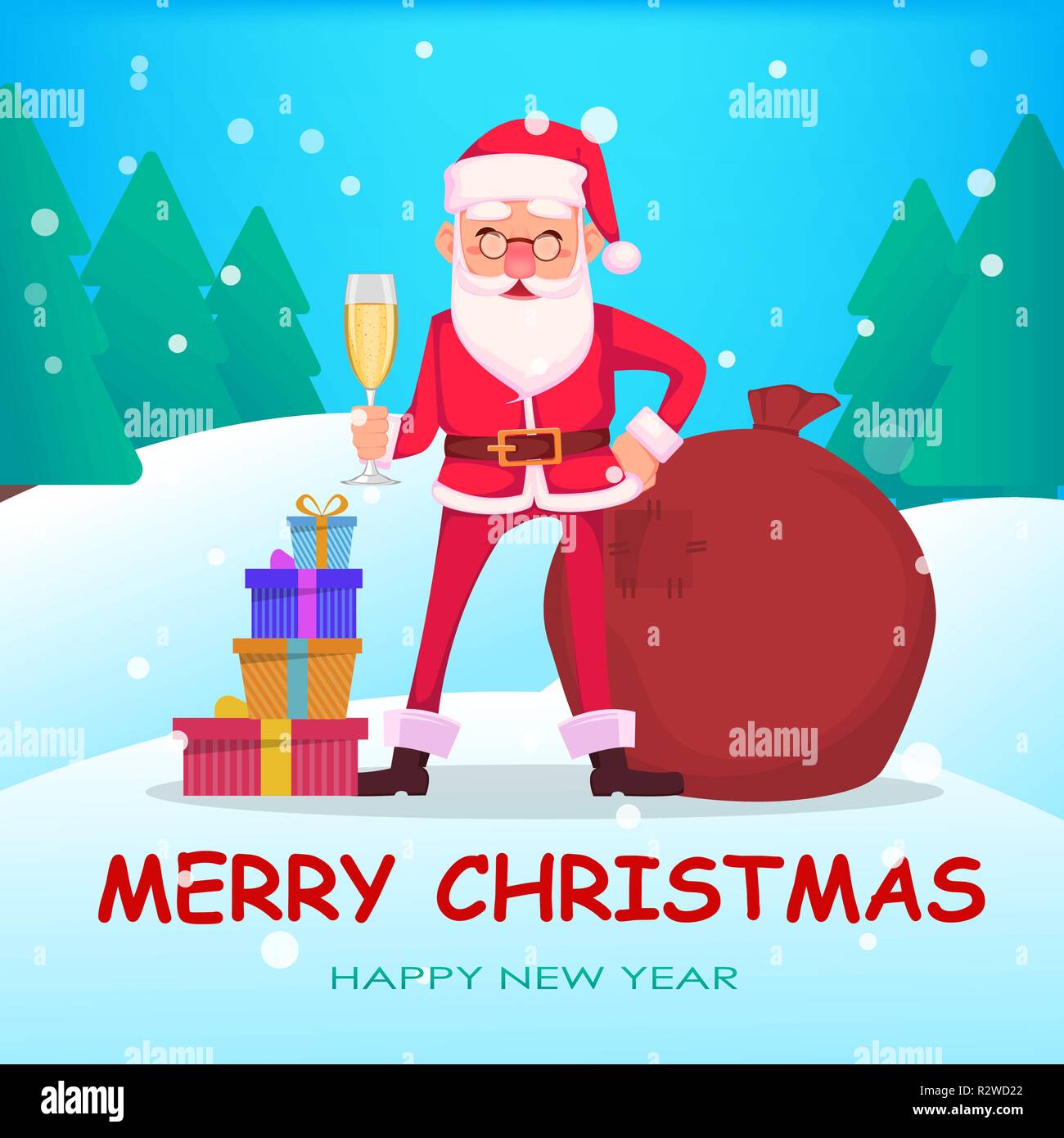 Christmas greeting card. Funny Santa Claus in glasses, cheerful cartoon character holds a glass of champagne. Vector illustration with winter forest o Stock Vector