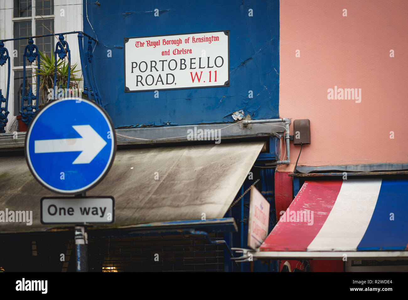 London, UK - February, 2019. Street sign on a building wall in Portobello Road in Notting Hill, the world's biggest Antiques Market. Stock Photo