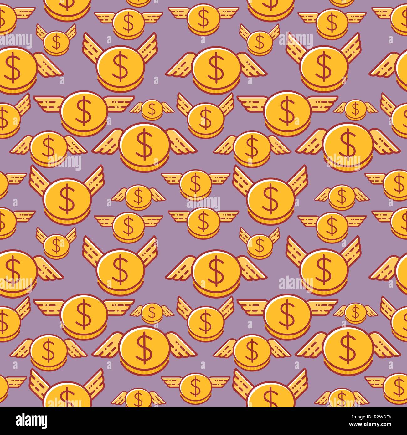 Dollar coins with wings, seamless vector pattern. Stock Vector