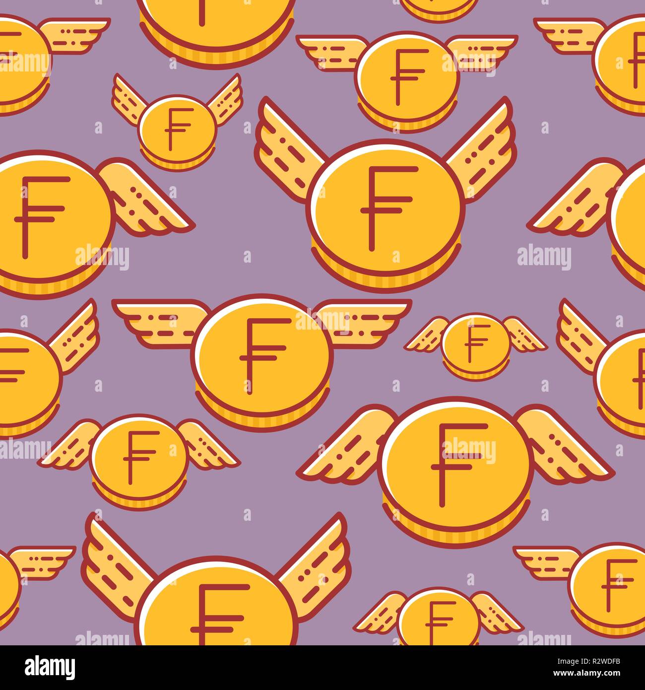 Franc coins with wings, seamless vector pattern. Stock Vector