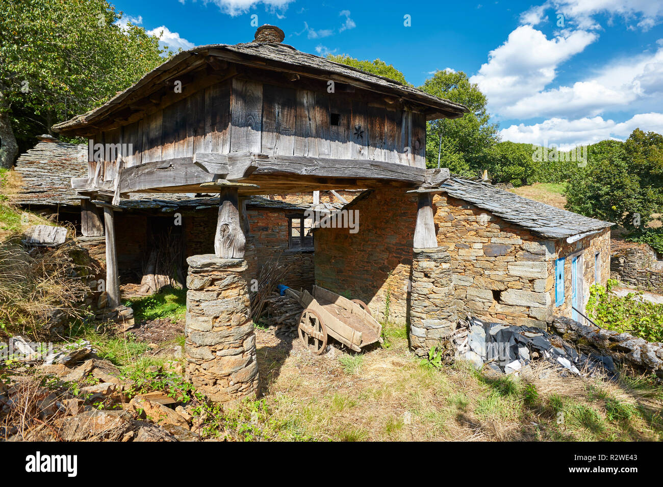 Traditional stone construction village with horreo storage in Asturias. Spain Stock Photo