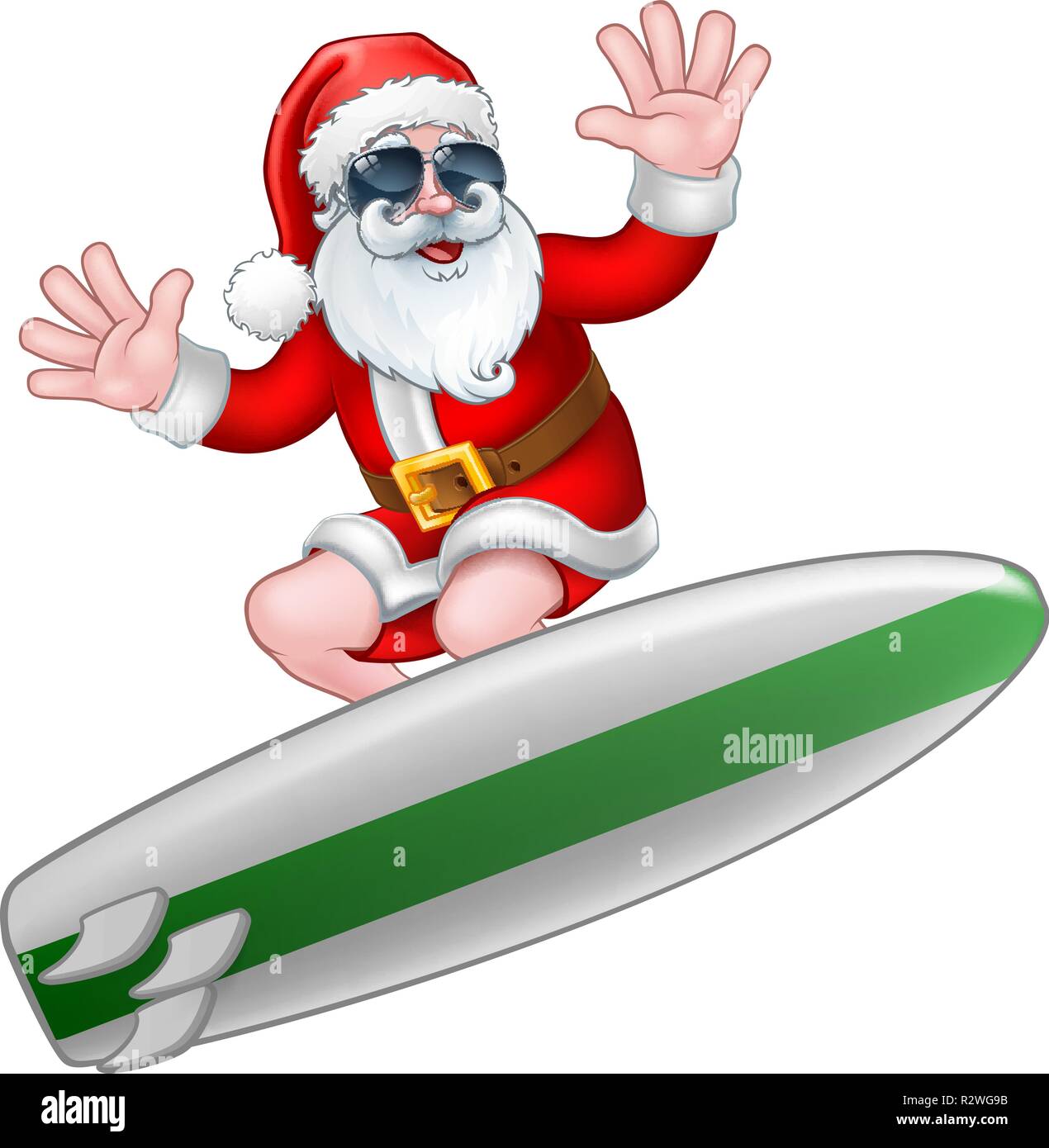 Cool Christmas Santa in Sunglasses Surfing Stock Vector