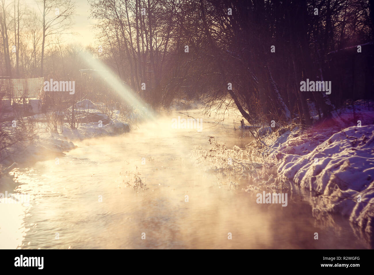 Winter park landscape with a river. Russian landscapes. Winter season