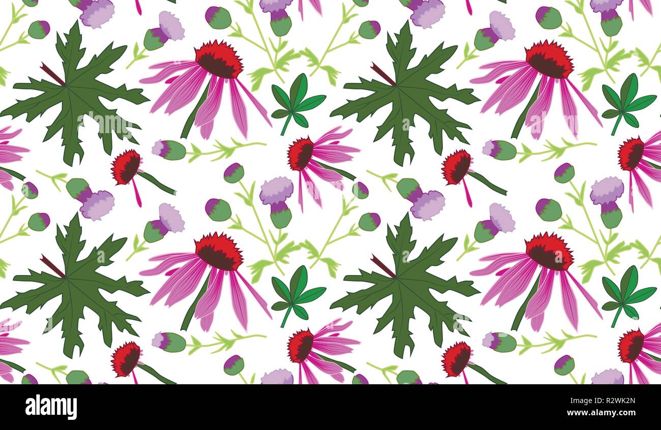 Seamless vector pattern with leaves and pink flowers, transparent ...
