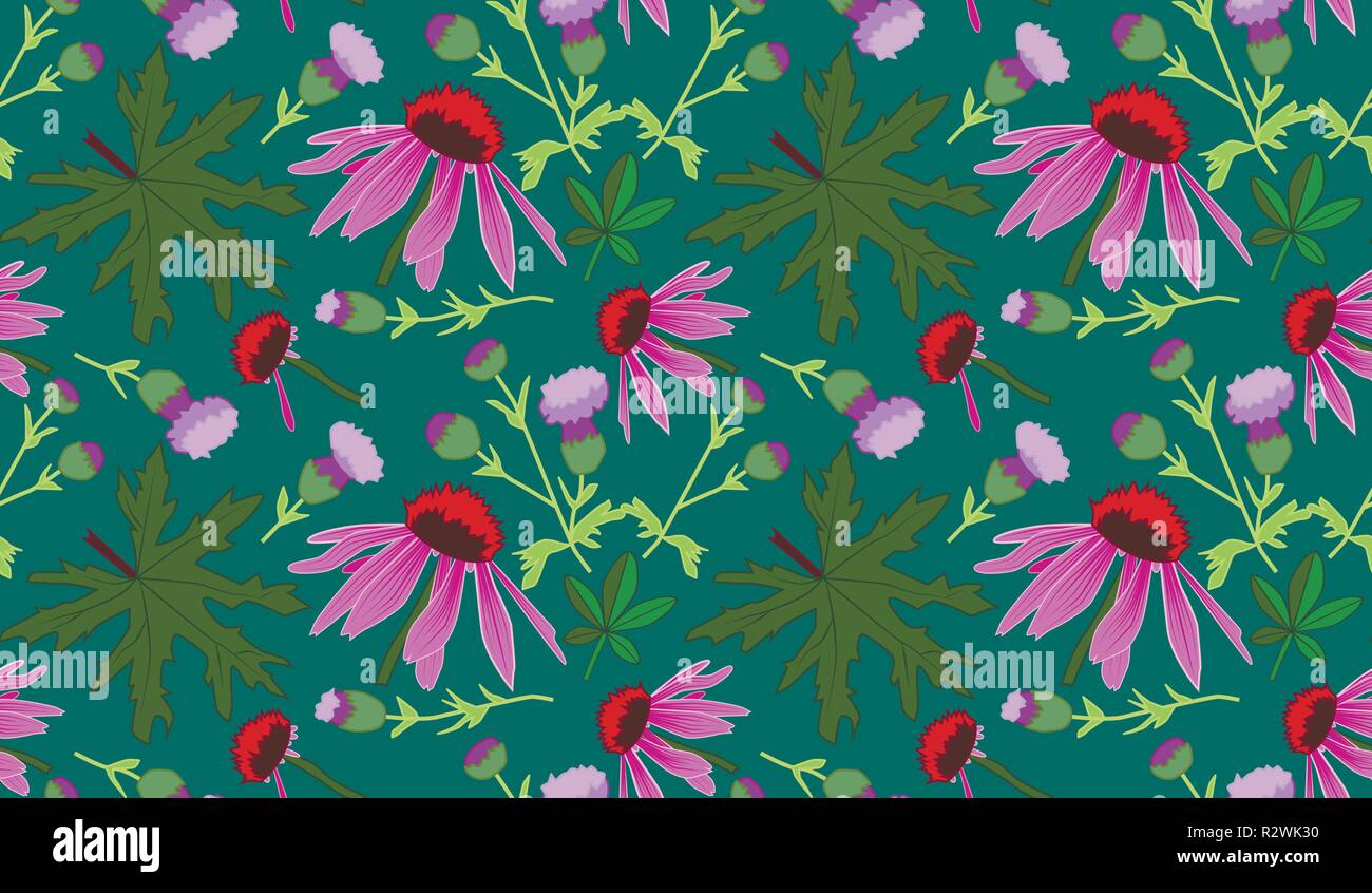 Seamless vector pattern with leaves and pink flowers, green background ...
