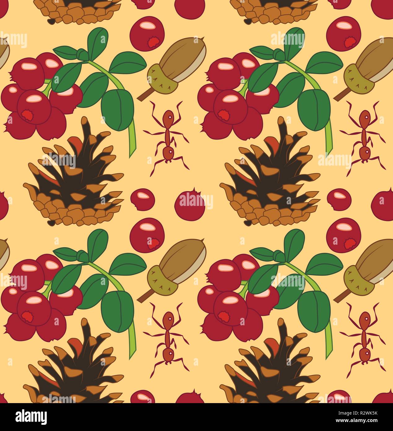 Seamless vector pattern with lingonberries, ants, acorns and cones, light background Stock Vector