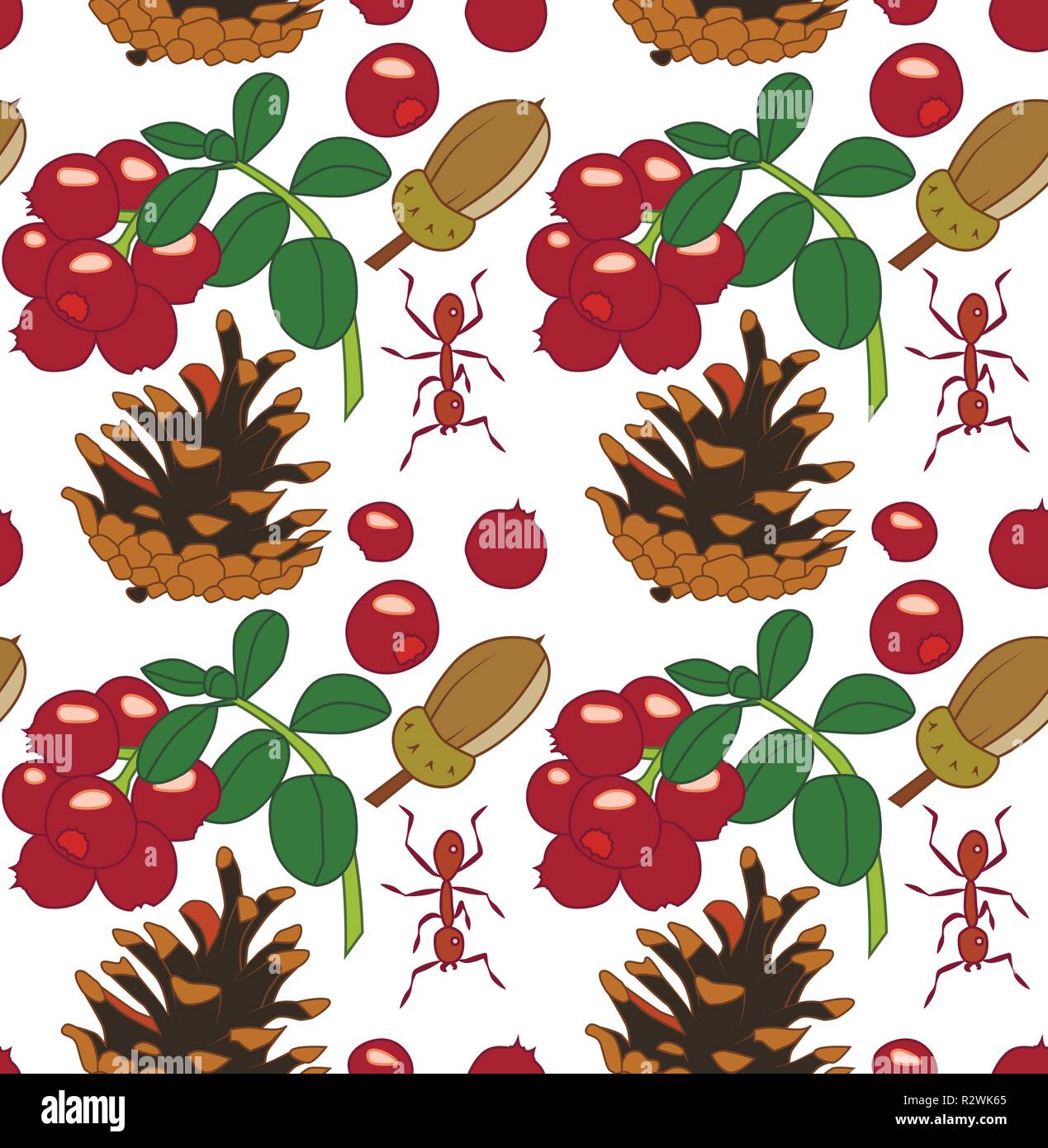 Seamless vector pattern with lingonberries, ants, acorns and cones, transparent background Stock Vector