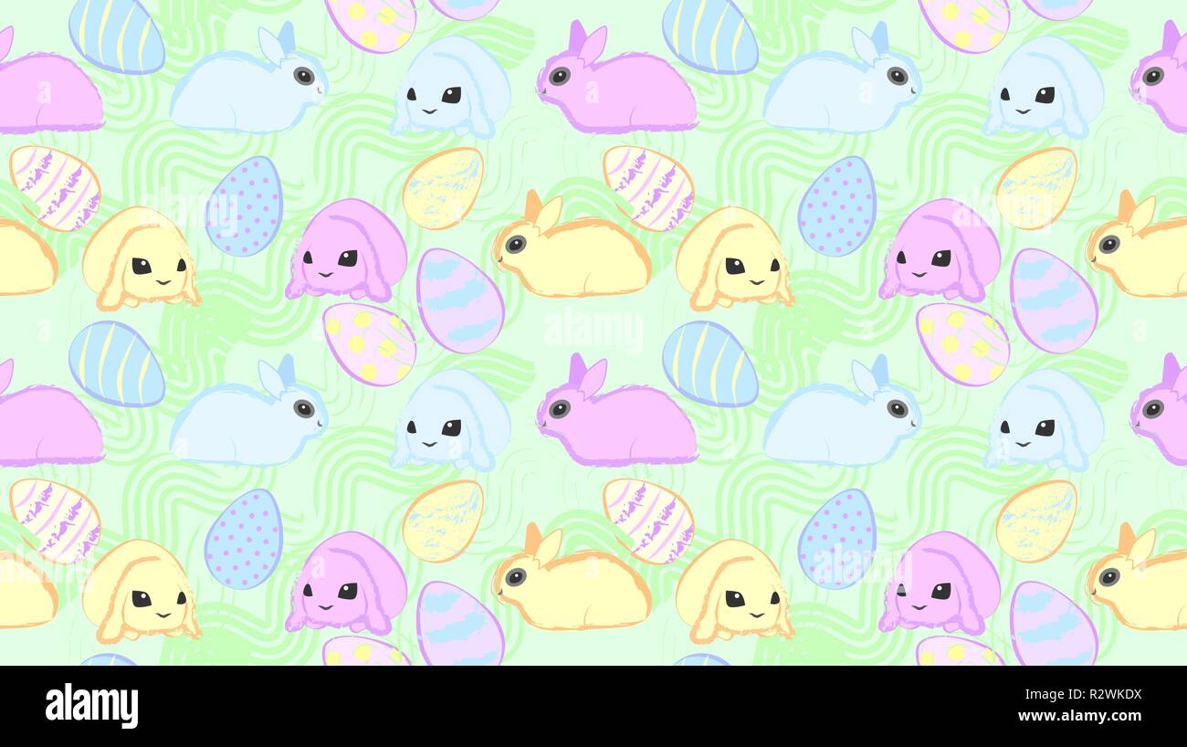 Seamless vector easter pattern with rabbits and colored eggs Stock Vector