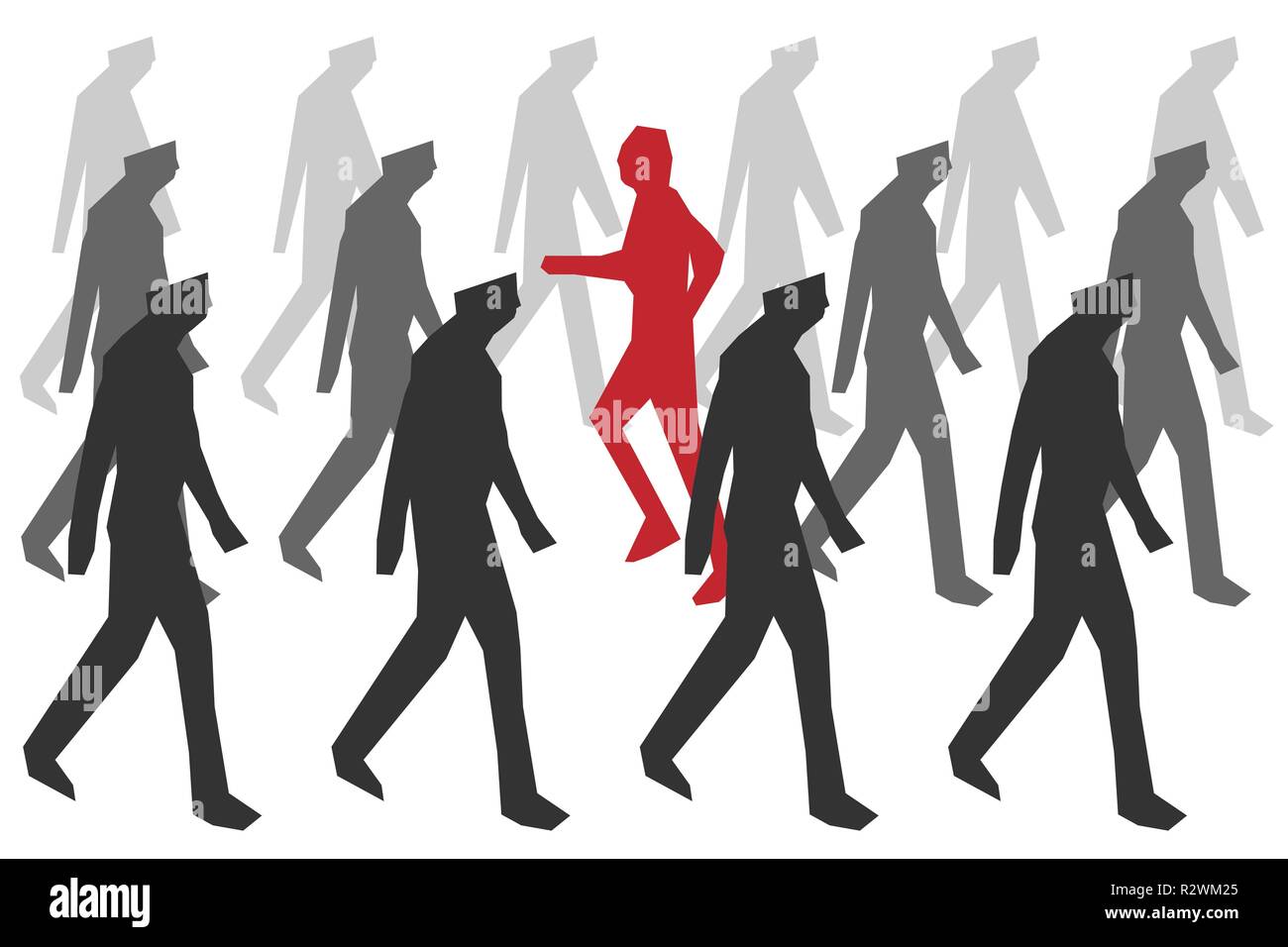 vector concept of dissident - man goes against the movement of the crowd Stock Vector
