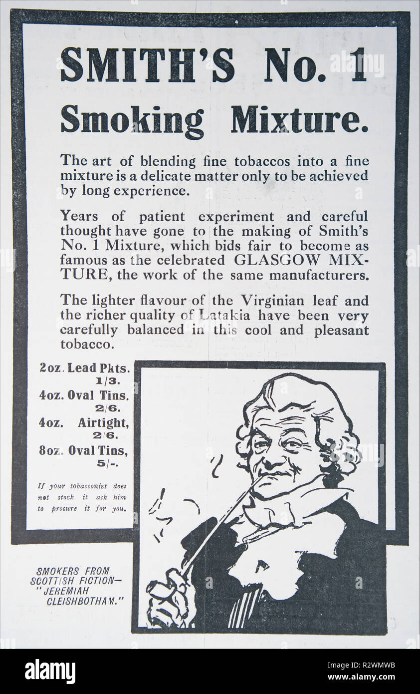 An old advert for Smith’s No. 1 smoking mixture. From and old British magazine from the 1914-1918 period. England UK GB Stock Photo