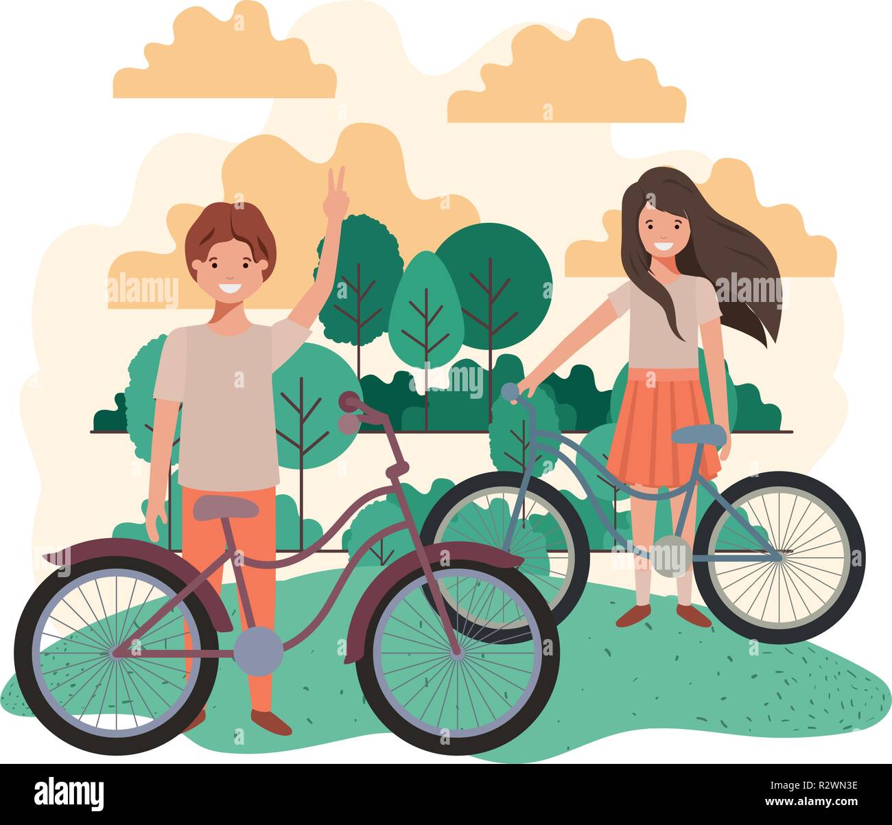 children with bicycle in landscape Stock Vector