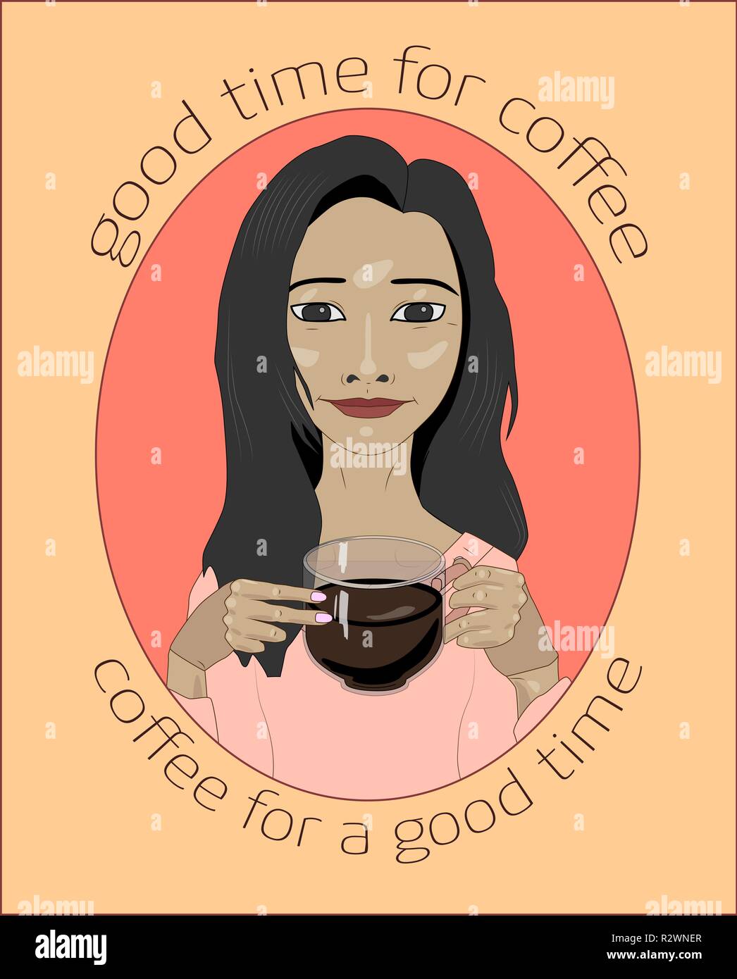Asian girl with long black hair with cup of coffee, vector illustration Stock Vector
