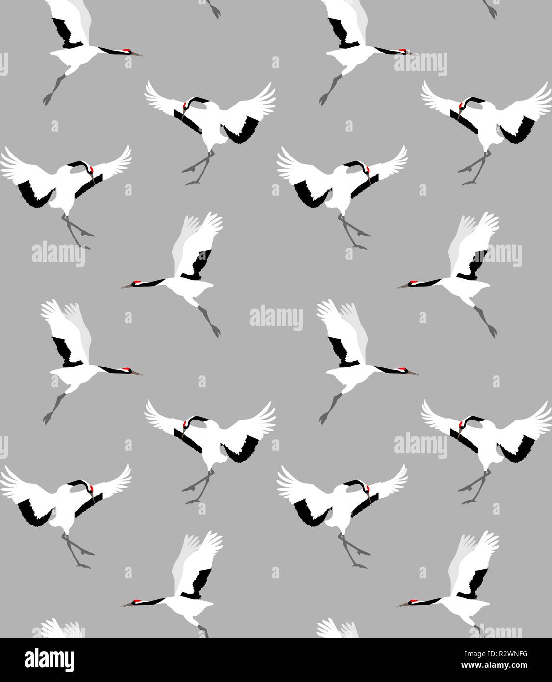 Seamless pattern with red-crowned cranes on gray background, vector illustration Stock Vector