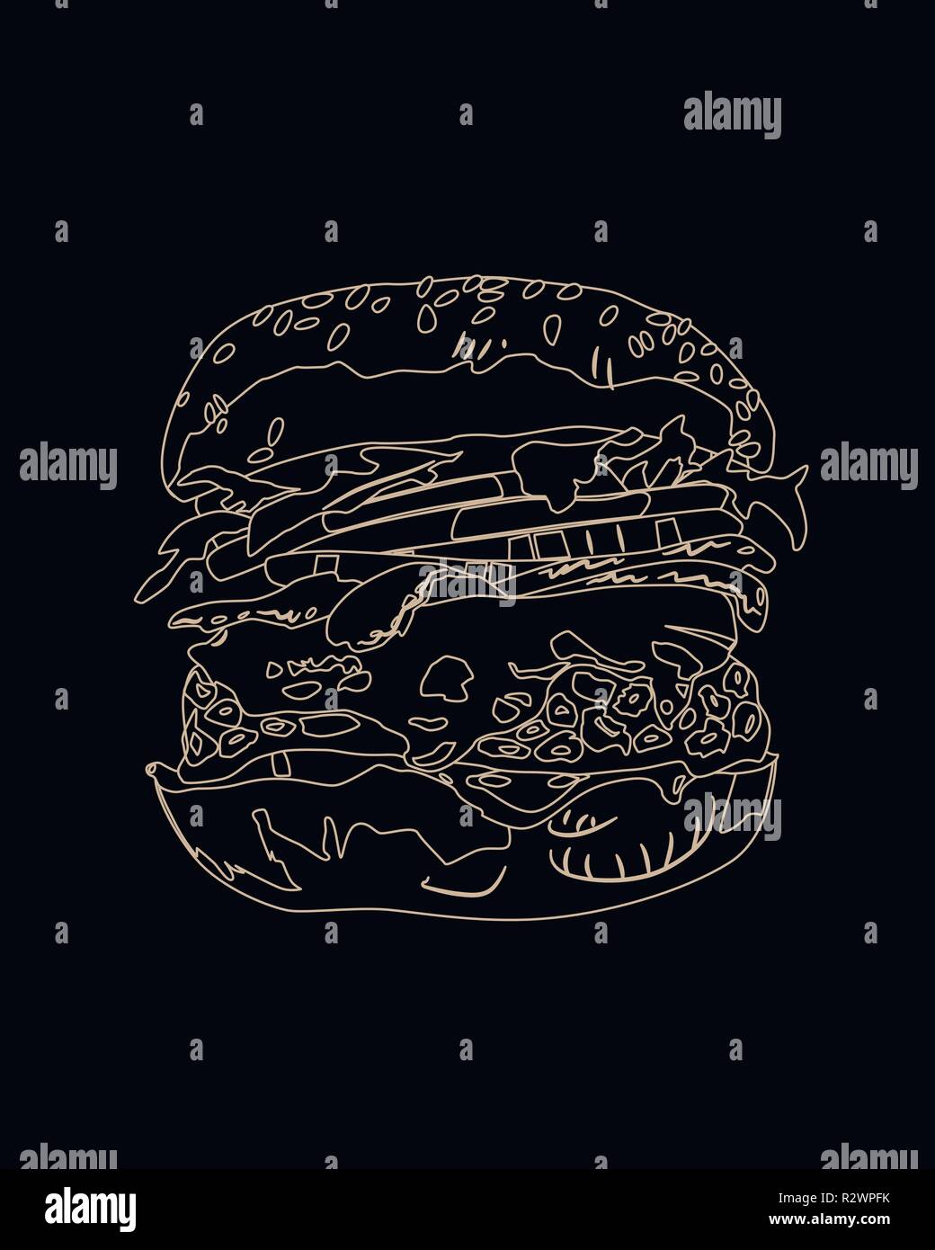 Burger on dark background, black and white vector illustration Stock