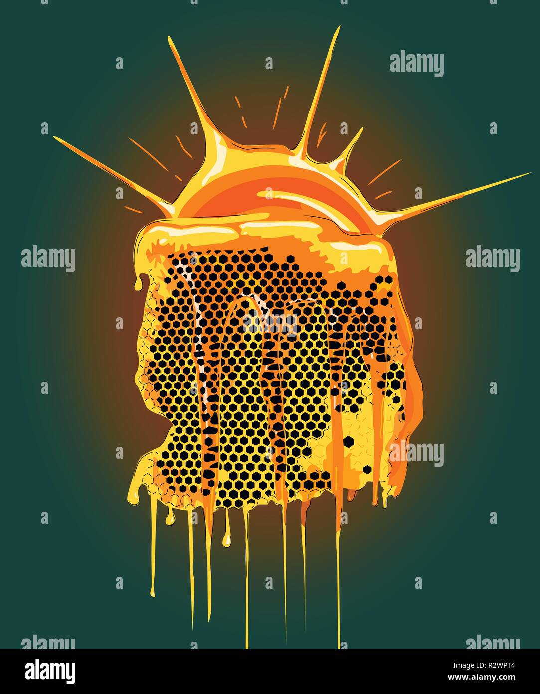 Honeycombs with flowing honey and bees, vector illustration Stock ...