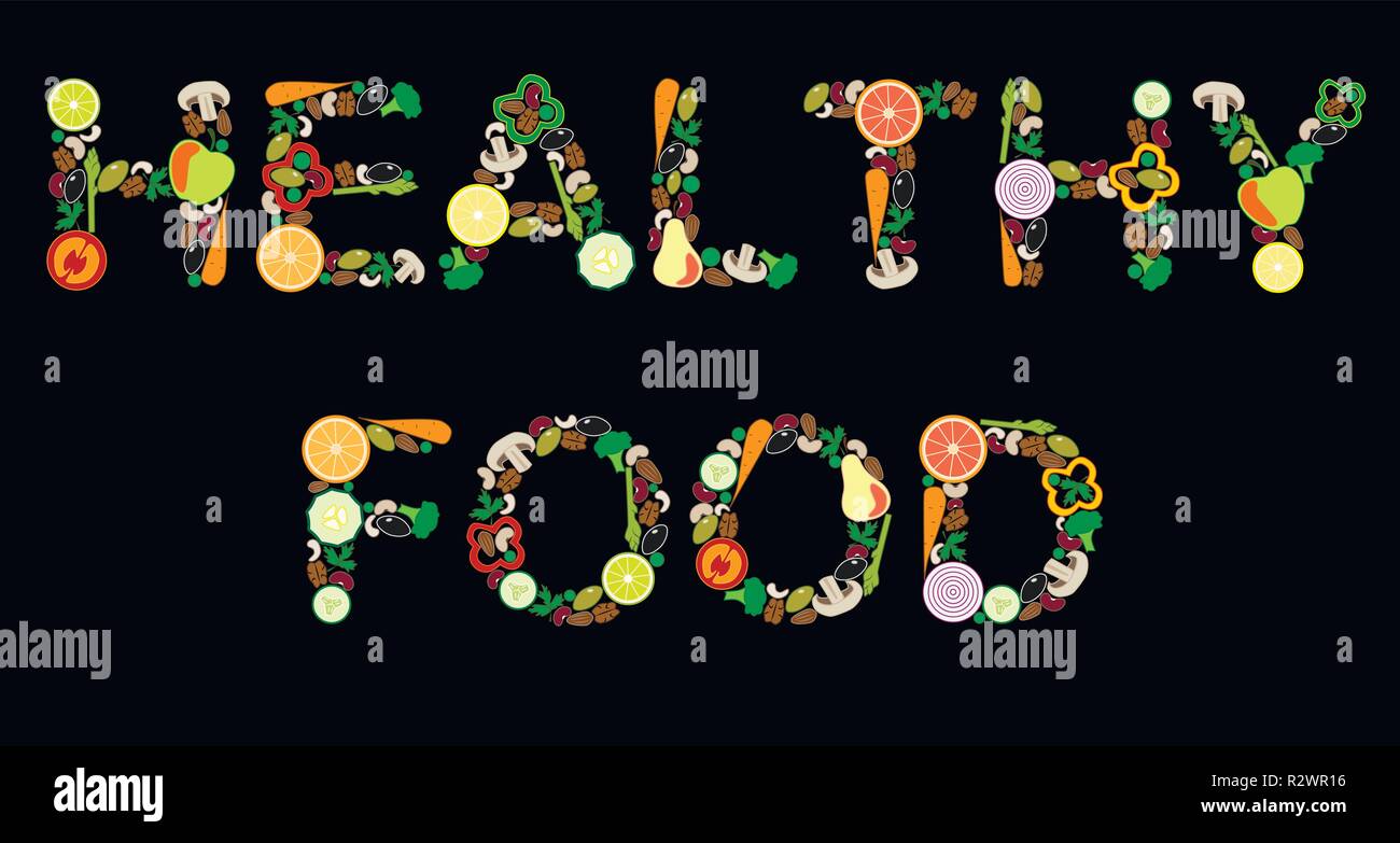 Lettering 'HEALTHY FOOD' from vegetables and fruits, vector