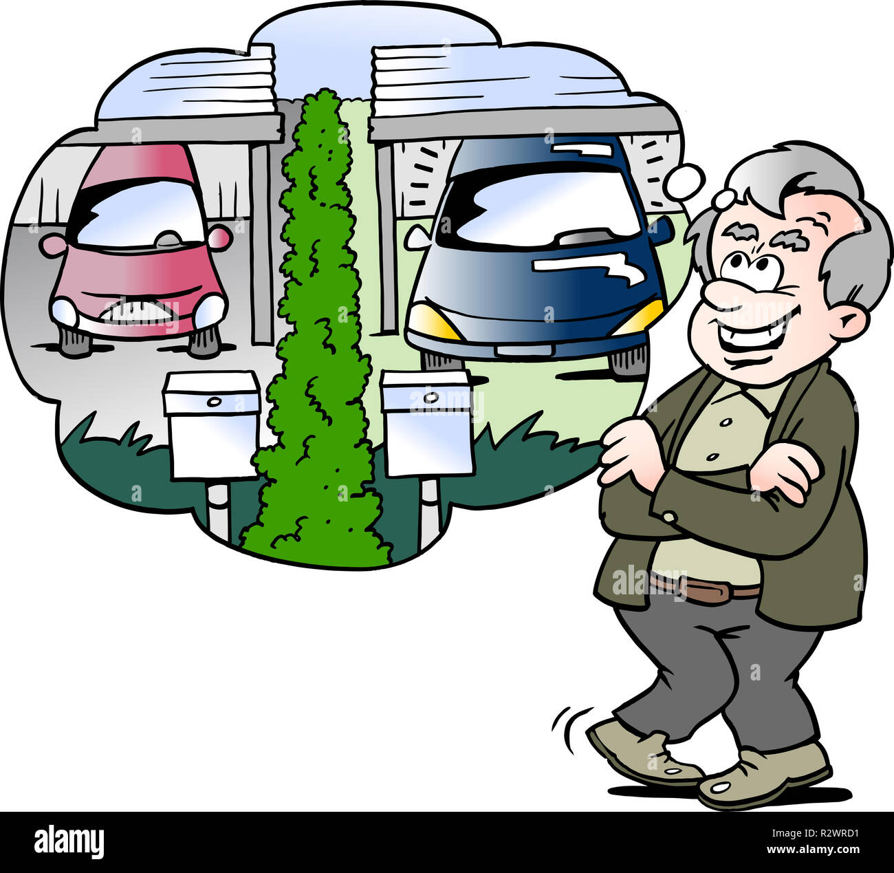 Cartoon Vector illustration of a happy old man compares the car with the  neighbor Stock Photo - Alamy