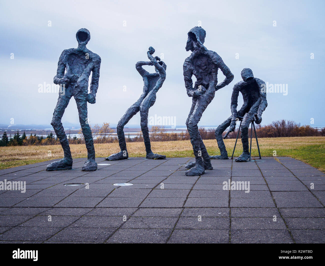 REYKJAVIK, ICELAND-OCTOBER 23, 2018: Four green alien-like public statues Dansleikur (Dance) by Torbjorg Gudrun Palsdottir Stock Photo