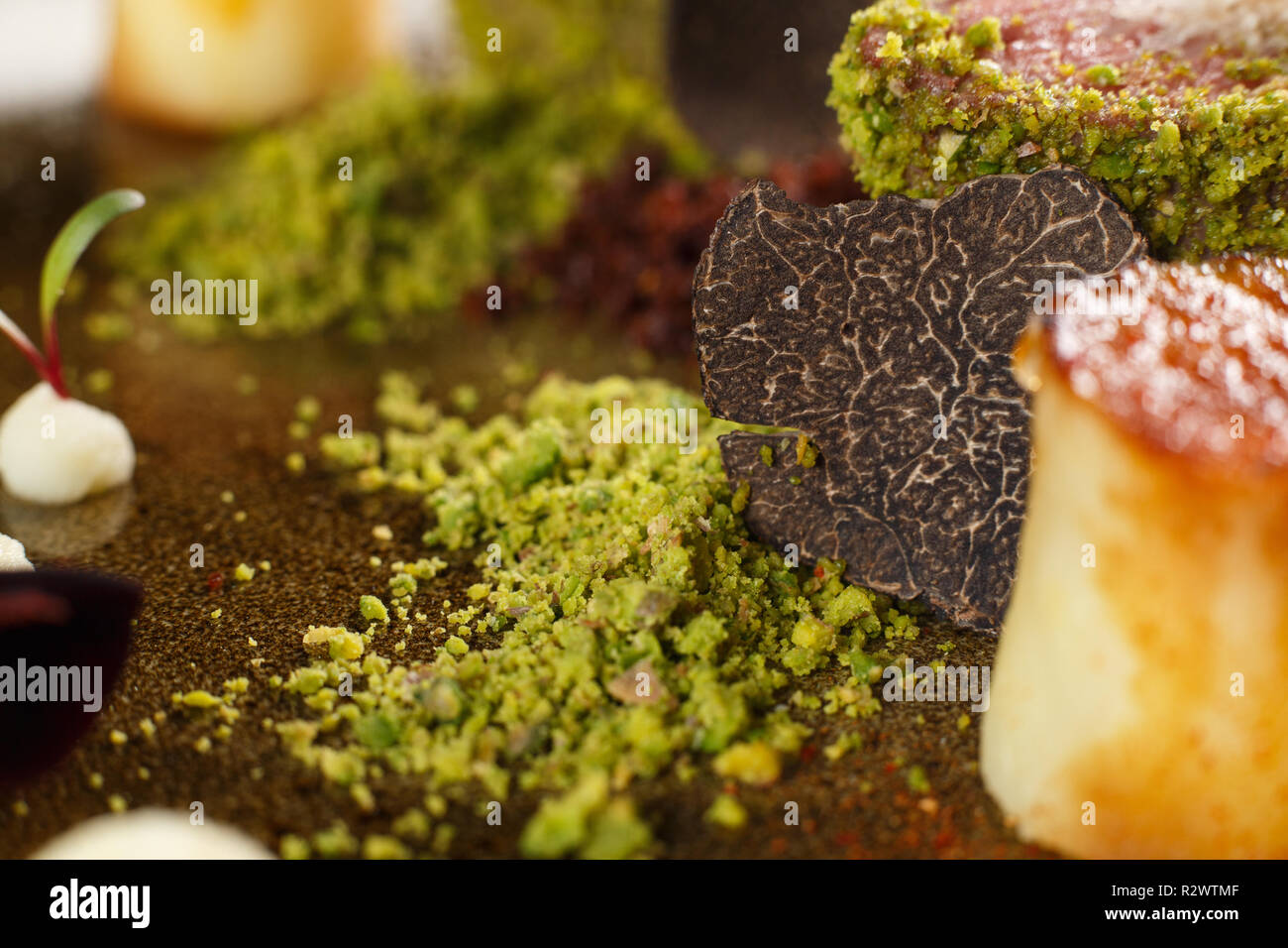 Fine cuisine cooked veal, covered in ground pistachio with truffles on a brown plate Stock Photo