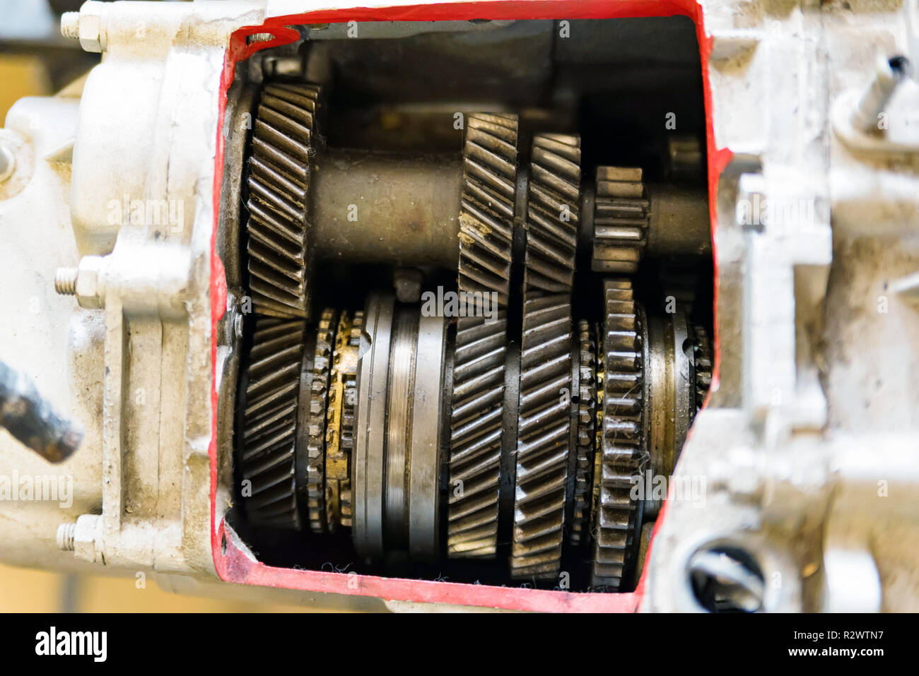 Gear box or transmission with helical gears of modern car in driving