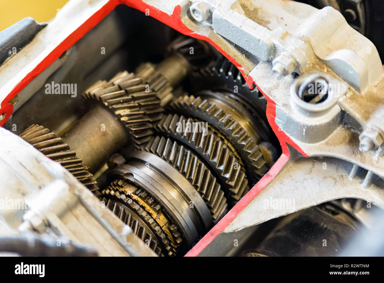 Gear box or transmission with helical gears of modern car in driving school  Stock Photo - Alamy