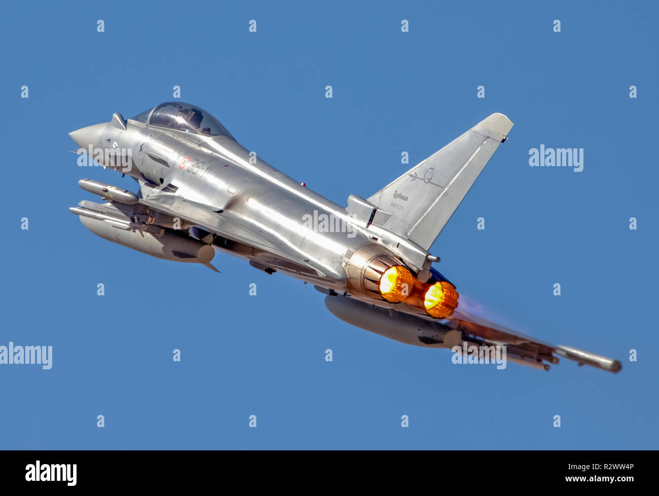 Italian Air force Eurofighter Typhoon in flight. A twin-engine, canard-delta wing, multirole fighter. Stock Photo