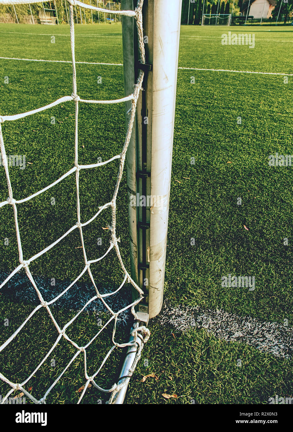 On Football Soccer Field Goal Soccer Field Soccer Football Net Background Over Green Grass Or Soccer Field Stock Photo Alamy