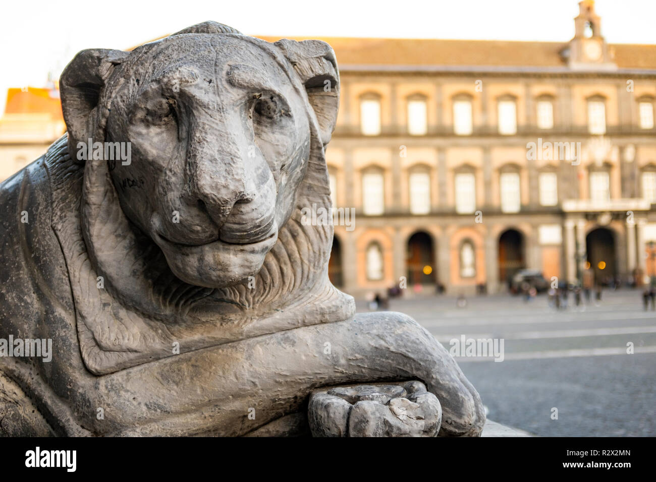 lion statue in Piazza del Plebiscito in Naples Stock Photo