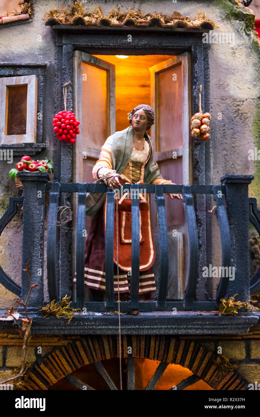 old lady looking at the balcony, detail of a Neapolitan Presepe Stock Photo