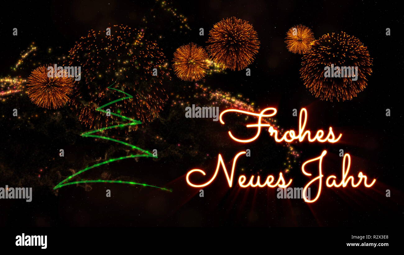 Happy New Year Text In German Frohes Neues Jahr Over Pine Tree With Sparkling Particles And Fireworks On A Snowy Background Stock Photo Alamy