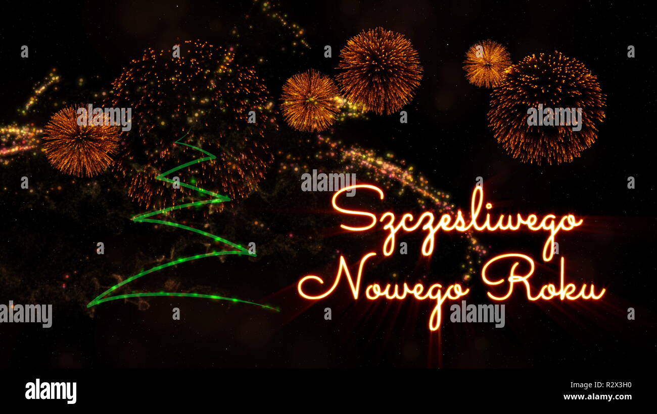 Happy New Year text in Polish 'Szczesliwego Nowego Roku' over pine tree  with sparkling particles and fireworks on a snowy background Stock Photo -  Alamy