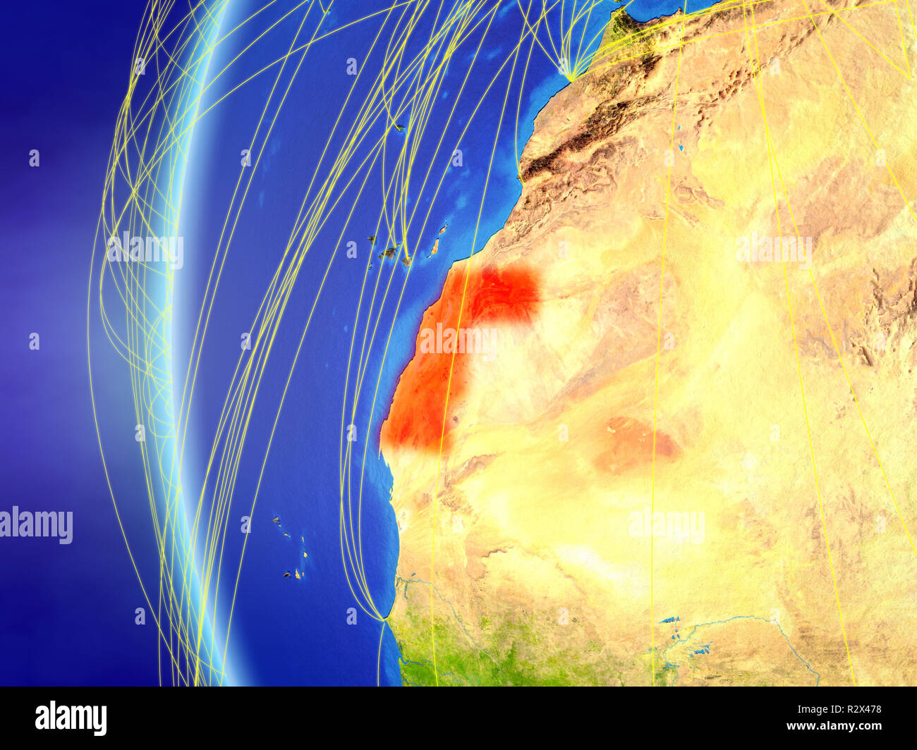 Western Sahara from space on model of Earth with international network ...