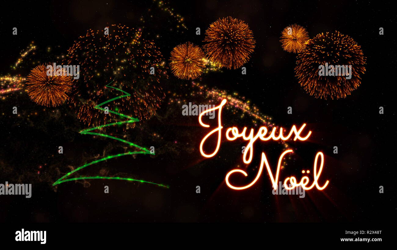 Merry Christmas Text In French Joyeux Noel Over Pine Tree With Sparkling Particles And Fireworks On A Snowy Background Stock Photo Alamy