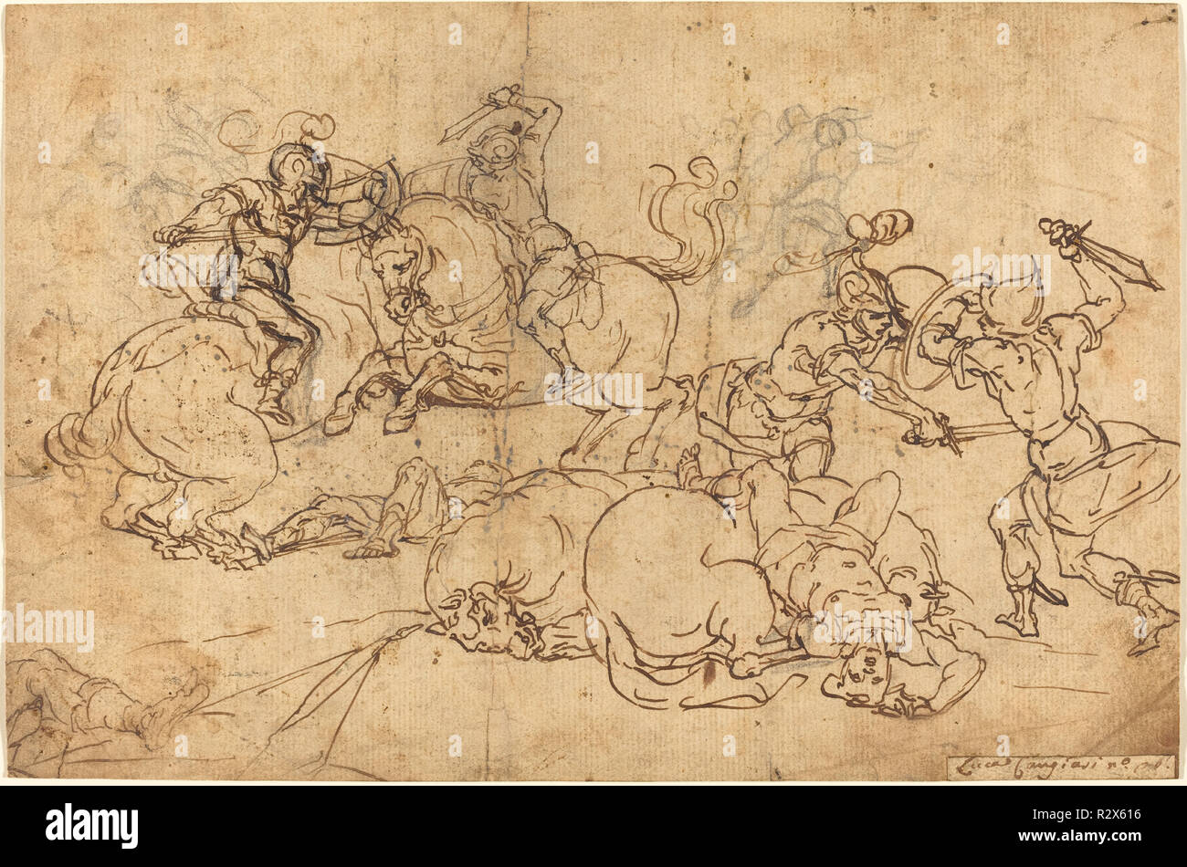 Soldiers Fighting. Dimensions: sheet: 18.4 x 27.9 cm (7 1/4 x 11 in.). Medium: pen and brown ink over black chalk on laid paper. Museum: National Gallery of Art, Washington DC. Author: GIOVANNI ANDREA ANSALDO. Stock Photo