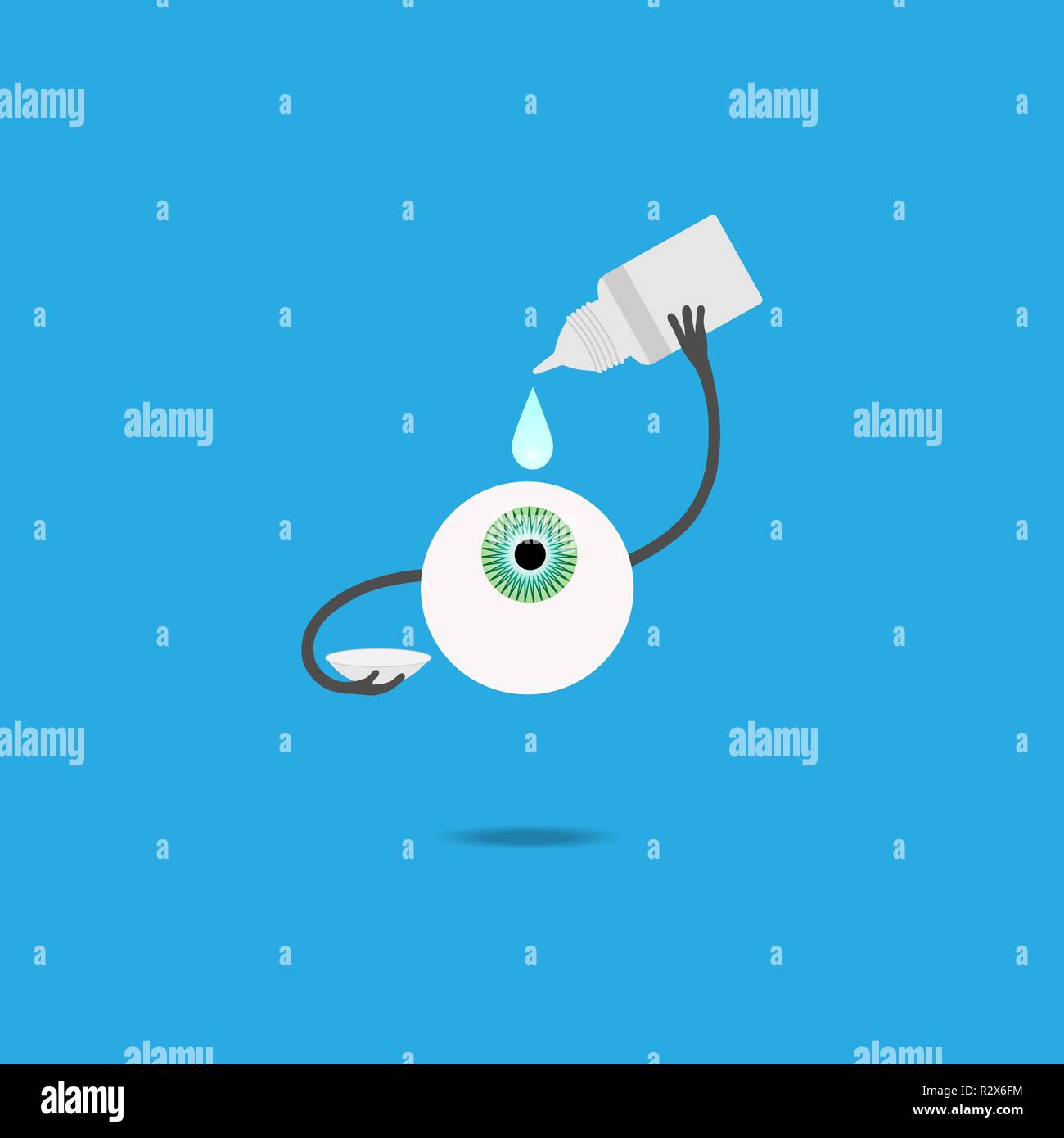 A cartoon human eye drips drops before putting on a contact lens Stock