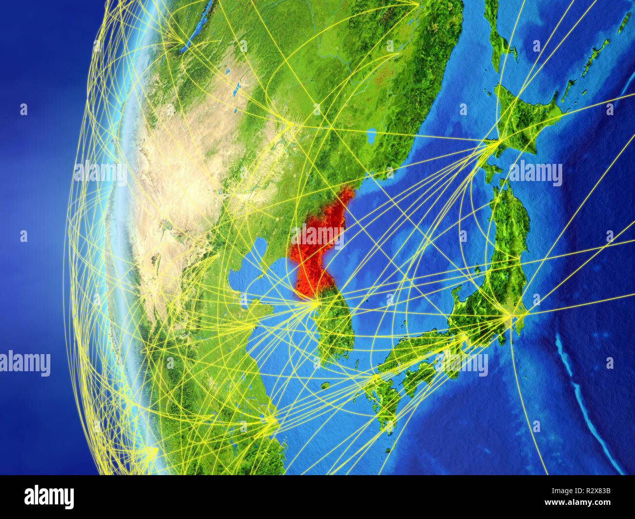North Korea from space on model of Earth with international network ...