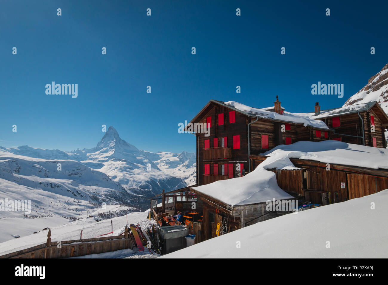 Zermatt, Switzerland - March 21, 2018: Hotel and mountain restaurant Fluhalp at elevation of 2606 meters in the skiing and hiking area of of Zermatt,  Stock Photo