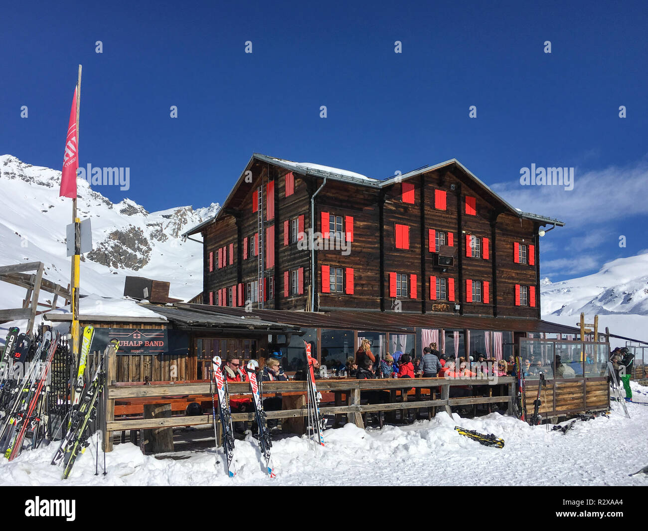 Zermatt, Switzerland - March 21, 2018: Hotel and mountain restaurant Fluhalp at elevation of 2606 meters in the skiing and hiking area of of Zermatt,  Stock Photo